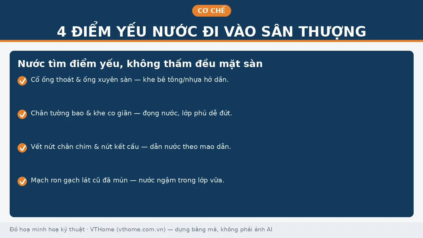 Bốn điểm yếu khiến nước thấm vào sân thượng: cổ ống, chân tường, vết nứt, mạch ron gạch