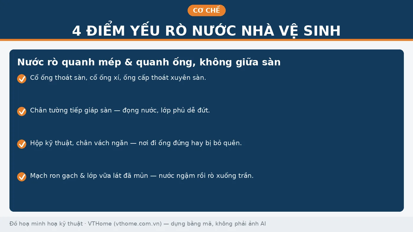 Bốn điểm yếu rò nước ở nhà vệ sinh: cổ ống xuyên sàn, chân tường, hộp kỹ thuật, mạch ron gạch