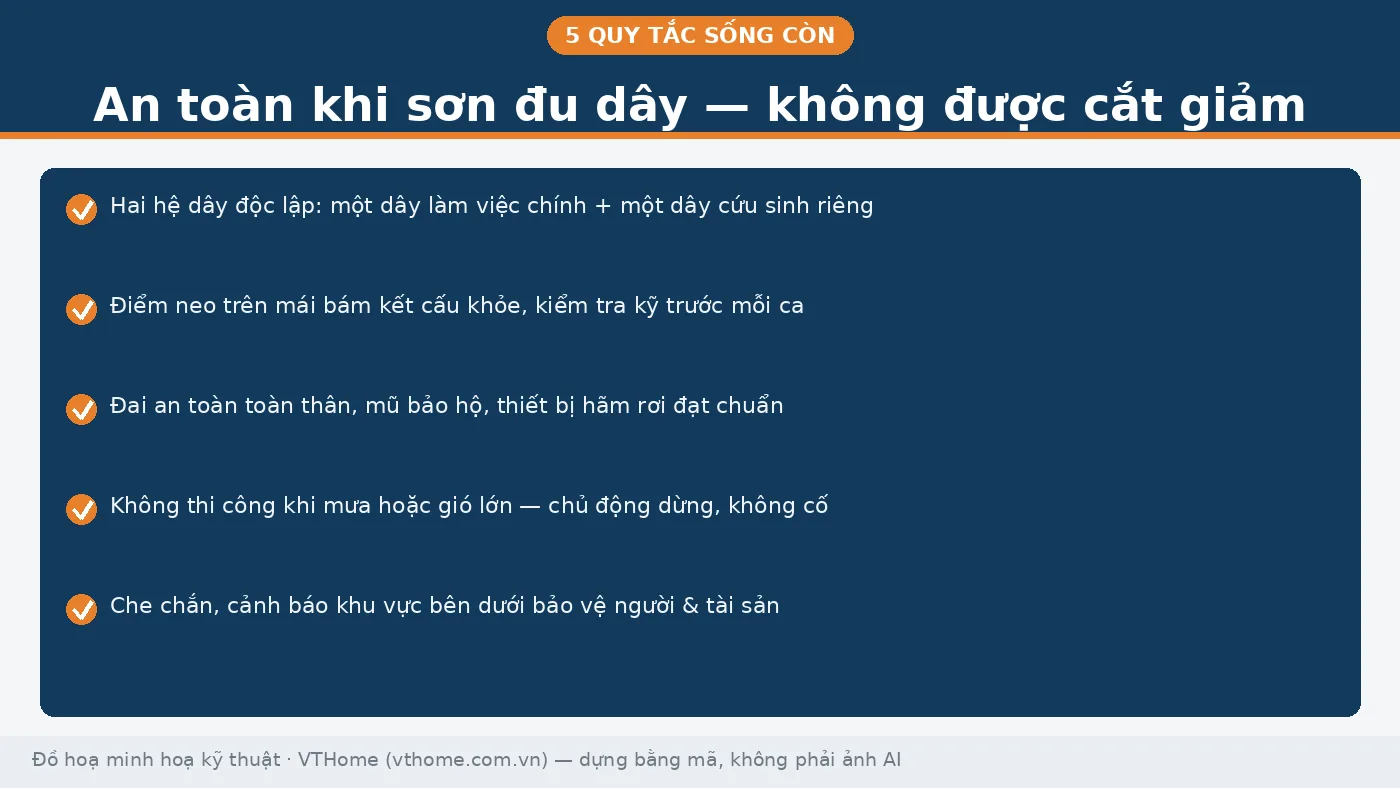 Sơn mặt tiền nhà cao tầng bằng dây thừng: khi giàn giáo bó tay, đu dây lên tiếng 2 Danh sách 5 quy tắc an toàn khi sơn đu dây: hai hệ dây độc lập, điểm neo chắc, đai toàn thân, không làm khi mưa gió, che chắn khu vực bên dưới