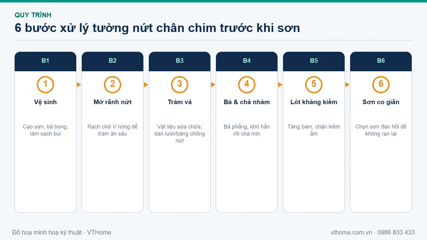 Xử lý tường nứt chân chim trước khi sơn: làm đúng để không nứt lại 1 Sơ đồ 6 bước xử lý tường nứt chân chim trước khi sơn: vệ sinh, mở rãnh nứt, trám vá, bả và chà nhám, lót kháng kiềm, sơn co giãn