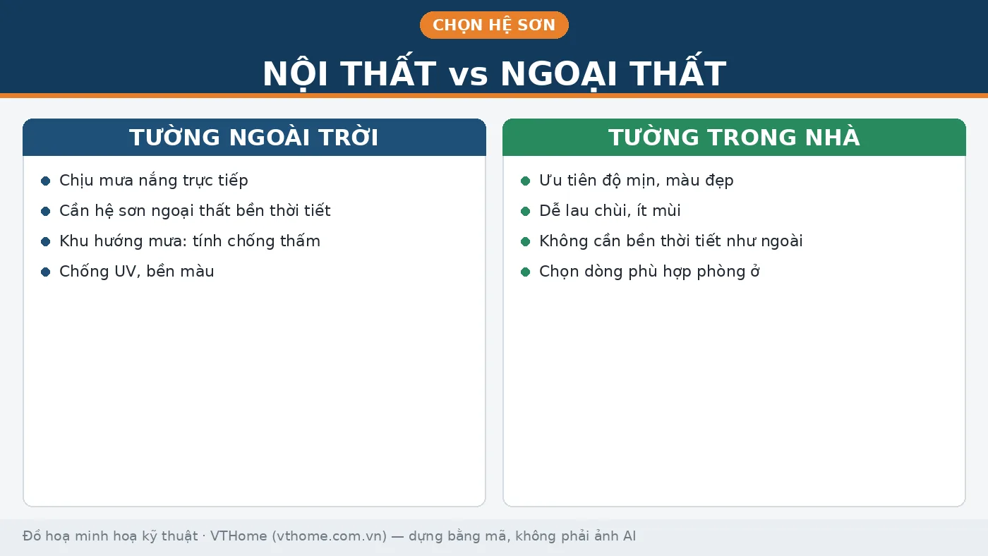 Thi công sơn nhà mới xây: chờ tường khô bao lâu và làm sao để không ố kiềm, bong tróc 2 Bảng phân biệt hệ sơn ngoại thất và nội thất khi thi công sơn nhà mới xây