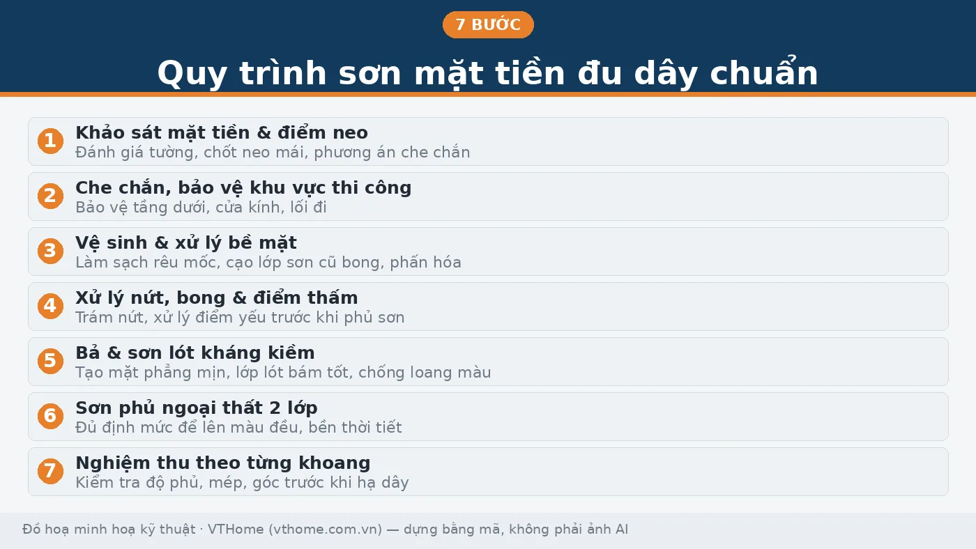 Sơn mặt tiền nhà cao tầng bằng dây thừng: khi giàn giáo bó tay, đu dây lên tiếng 3 Sơ đồ quy trình 7 bước sơn mặt tiền đu dây: khảo sát, che chắn, vệ sinh xử lý bề mặt, xử lý nứt và điểm thấm, bả và lót kháng kiềm, sơn phủ 2 lớp, nghiệm thu từng khoang