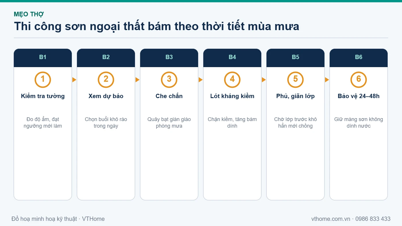 Sơ đồ 6 bước thi công sơn ngoại thất bám theo thời tiết mùa mưa: kiểm tra tường, xem dự báo, che chắn, lót kháng kiềm, phủ giãn lớp, bảo vệ 24-48h