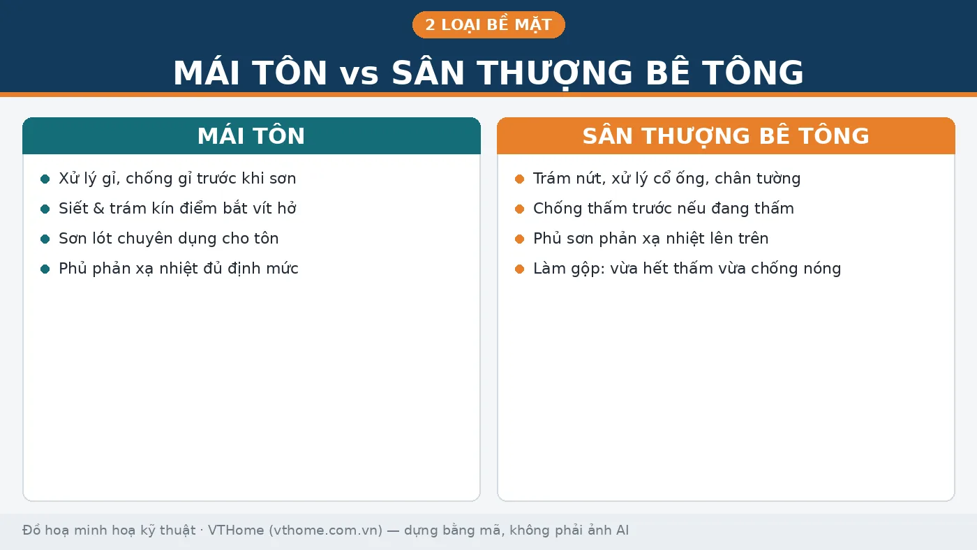 Bảng so sánh thi công sơn chống nóng cho mái tôn và cho sân thượng bê tông