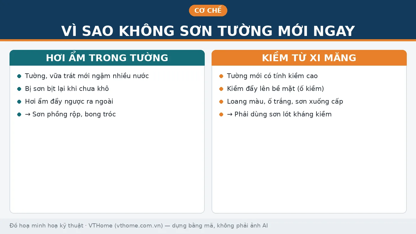 Thi công sơn nhà mới xây: chờ tường khô bao lâu và làm sao để không ố kiềm, bong tróc 1 Bảng giải thích vì sao không sơn tường mới ngay: hơi ẩm và kiềm