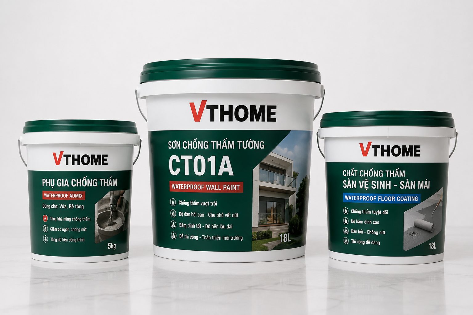 Bộ sản phẩm chống thấm VTHOME: phụ gia, sơn chống thấm tường, chất chống thấm sàn mái