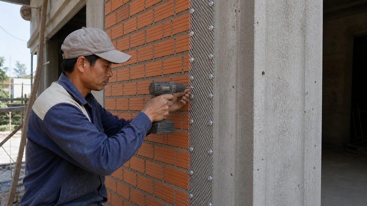 Lưới chống nứt đóng dọc giữa điểm tiếp giáp tường gạch và cột bê tông
